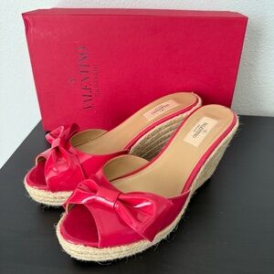 Valentino Mena Bow Patent Leather Wedge Espadrille Slide Sandal